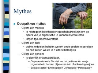 Mythes
 Doorprikken mythes
– Cijfers zijn moeilijk
• je hoeft geen boekhouder (goochelaar) te zijn om de
cijfers van je organisatie te kunnen interpreteren
• jargon tgo. boerenverstand
– Cijfers zijn saai
• welke middelen hebben we om onze doelen te bereiken
en hoe zetten we ze in = uiterst belangrijk
– Cijfers zijn geheim
• is eigenlijk onaanvaardbaar.
– Onprofessioneel - Sta niet toe dat de financiën van je
organisatie in handen blijven van één of enkele ingewijden
– Sociale sector? Emancipatie? Democratie? Participatie?
 