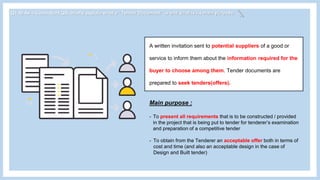 Q1 A) As a Consultant QS, briefly explain what a “Tender Document’’ is and what is its main purpose.
A written invitation sent to potential suppliers of a good or
service to inform them about the information required for the
buyer to choose among them. Tender documents are
prepared to seek tenders(offers).
Main purpose :
- To present all requirements that is to be constructed / provided
in the project that is being put to tender for tenderer’s examination
and preparation of a competitive tender
- To obtain from the Tenderer an acceptable offer both in terms of
cost and time (and also an acceptable design in the case of
Design and Built tender)
 
