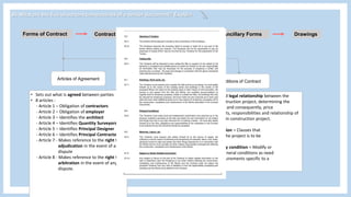 B) What are the five important components of a tender document? Explain
Forms of Contract Contract Bills DrawingsAncillary FormsSupplementary
Requirements
Articles of Agreement
Conditions of Contract
• Sets out what is agreed between parties
• 8 articles :
- Article 1 – Obligation of contractors
- Article 2 – Obligation of employer
- Article 3 – Identifies the architect
- Article 4 – Identifies Quantity Surveyors
- Article 5 – Identifies Principal Designer
- Article 6 – Identifies Principal Contractor
- Article 7 - Makes reference to the right to
adjudication in the event of any
dispute
- Article 8 - Makes reference to the right to
arbitration in the event of any
dispute.
• Sets out principal legal relationship between the
parties to a construction project, determining the
allocation of risk and consequently, price
• Define basic rights, responsibilities and relationship of
parties involved in construction project.
• 2 types :
- General condition = Clauses that
establish how the project is to be
administered
- Supplementary condition = Modify or
supplement general conditions as need
to provide requirements specific to a
project
 