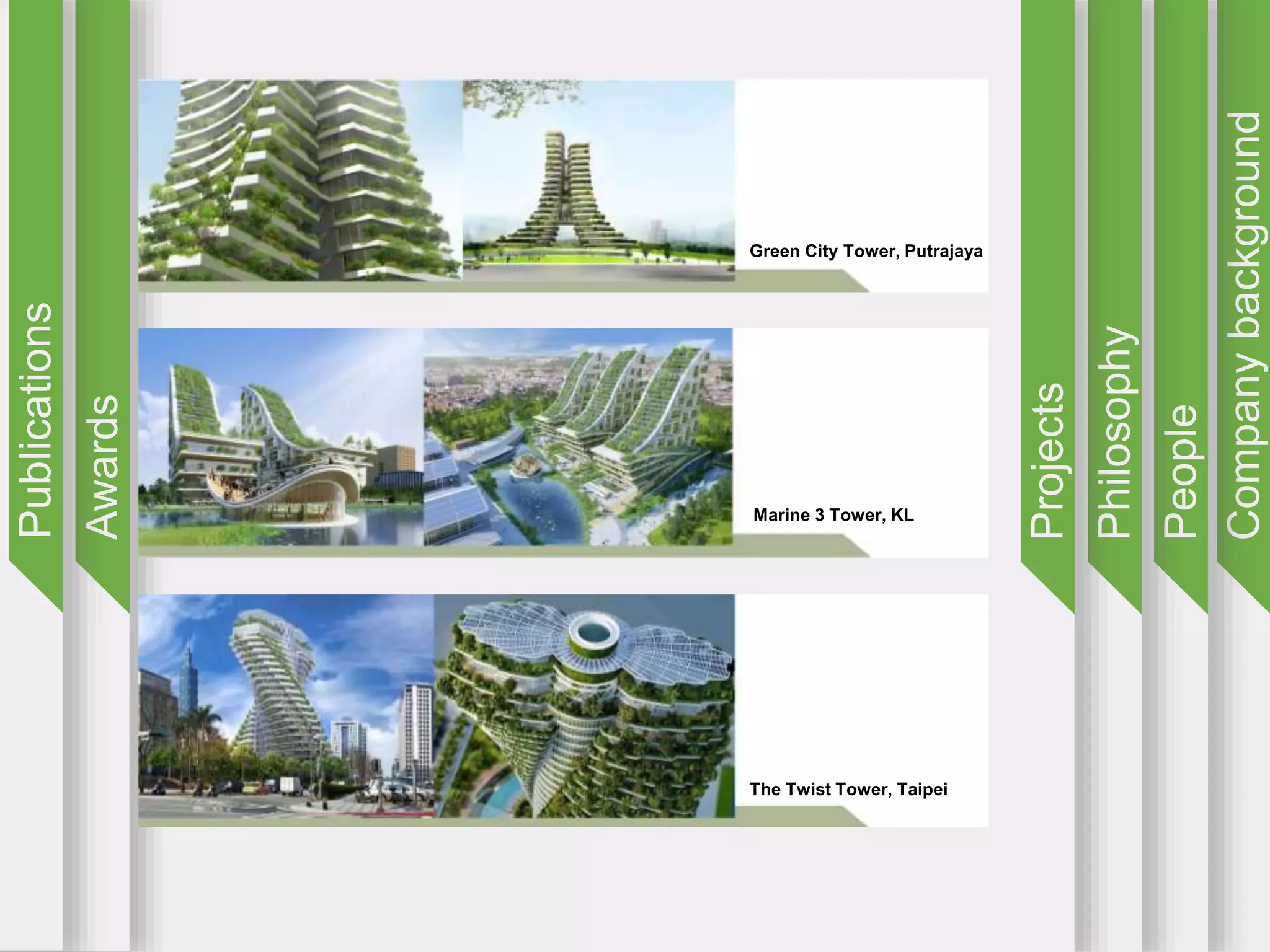 Companybackground
People
Philosophy
Projects
Awards
Publications
Green City Tower, Putrajaya
Marine 3 Tower, KL
The Twist Tower, Taipei
 