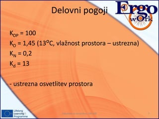 Delovni pogoji
KOP = 100
KO = 1,45 (13ᴼC, vlažnost prostora – ustrezna)
KN = 0,2
Kd = 13
- ustrezna osvetlitev prostora
Fakulteta za strojništvo, UNI MB 719. marec 2015
 