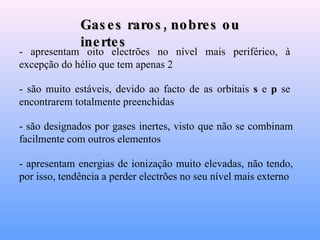 Gases raros, nobres ou inertes - apresentam oito electrões no nível mais periférico, à excepção do hélio que tem apenas 2   - são muito estáveis, devido ao facto de as orbitais  s  e  p  se encontrarem totalmente preenchidas   - são designados por gases inertes, visto que não se combinam facilmente com outros elementos   - apresentam energias de ionização muito elevadas, não tendo, por isso, tendência a perder electrões no seu nível mais externo   