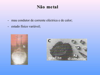 Não metal -   mau condutor de corrente eléctrica e de calor; -   estado físico variável; 