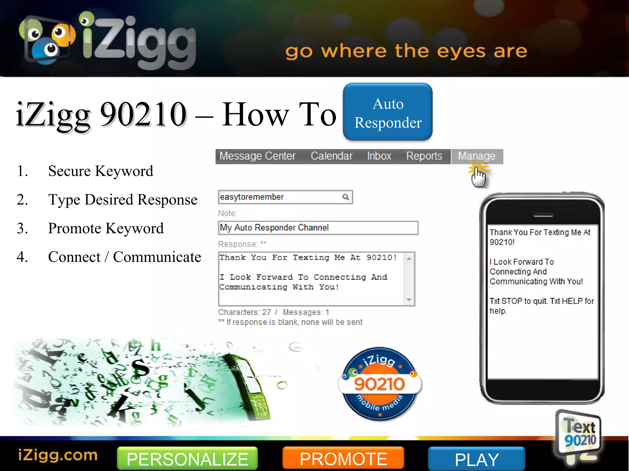 iZigg 90210  – How To Secure Keyword Type Desired Response Promote Keyword Connect / Communicate PERSONALIZE PROMOTE PLAY Auto Responder 