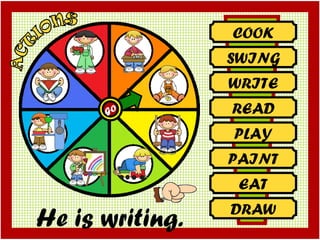 COOK SWING WRITE READ PLAY PAINT EAT DRAW He is writing. GO 