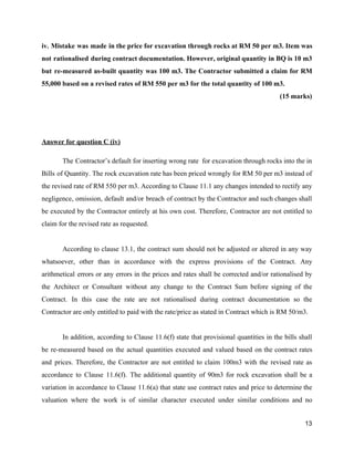 iv. Mistake was made in the price for excavation through rocks at RM 50 per m3. Item was
not rationalised during contract documentation. However, original quantity in BQ is 10 m3
but re-measured as-built quantity was 100 m3. The Contractor submitted a claim for RM
55,000 based on a revised rates of RM 550 per m3 for the total quantity of 100 m3.
(15 marks)
Answer for question C (iv)
The Contractor’s default for inserting wrong rate for excavation through rocks into the in
Bills of Quantity. The rock excavation rate has been priced wrongly for RM 50 per m3 instead of
the revised rate of RM 550 per m3. According to Clause 11.1 any changes intended to rectify any
negligence, omission, default and/or breach of contract by the Contractor and such changes shall
be executed by the Contractor entirely at his own cost. Therefore, Contractor are not entitled to
claim for the revised rate as requested.
According to clause 13.1, the contract sum should not be adjusted or altered in any way
whatsoever, other than in accordance with the express provisions of the Contract. Any
arithmetical errors or any errors in the prices and rates shall be corrected and/or rationalised by
the Architect or Consultant without any change to the Contract Sum before signing of the
Contract. In this case the rate are not rationalised during contract documentation so the
Contractor are only entitled to paid with the rate/price as stated in Contract which is RM 50/m3.
In addition, according to Clause 11.6(f) state that provisional quantities in the bills shall
be re-measured based on the actual quantities executed and valued based on the contract rates
and prices. Therefore, the Contractor are not entitled to claim 100m3 with the revised rate as
accordance to Clause 11.6(f). The additional quantity of 90m3 for rock excavation shall be a
variation in accordance to Clause 11.6(a) that state use contract rates and price to determine the
valuation where the work is of similar character executed under similar conditions and no
13
 