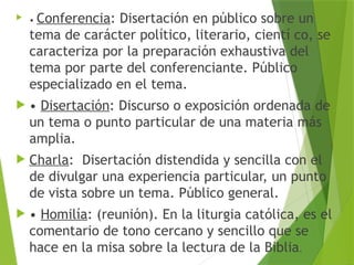  • Conferencia: Disertación en público sobre un
tema de carácter político, literario, cientí co, se
caracteriza por la preparación exhaustiva del
tema por parte del conferenciante. Público
especializado en el tema.
 • Disertación: Discurso o exposición ordenada de
un tema o punto particular de una materia más
amplia.
 Charla: Disertación distendida y sencilla con el
de divulgar una experiencia particular, un punto
de vista sobre un tema. Público general.
 • Homilía: (reunión). En la liturgia católica, es el
comentario de tono cercano y sencillo que se
hace en la misa sobre la lectura de la Biblia.
 