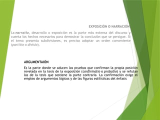 EXPOSICIÓN O NARRACIÓN:
La narratio, desarrollo o exposición es la parte más extensa del discurso y
cuenta los hechos necesarios para demostrar la conclusión que se persigue. Si
el tema presenta subdivisiones, es preciso adoptar un orden conveniente
(partitio o divisio).
ARGUMENTAIÓN
Es la parte donde se aducen las pruebas que confirman la propia posición
revelada en la tesis de la exposición (confirmatio o probatio) y se refutan
las de la tesis que sostiene la parte contraria La confirmación exige el
empleo de argumentos lógicos y de las figuras estilísticas del énfasis
 
