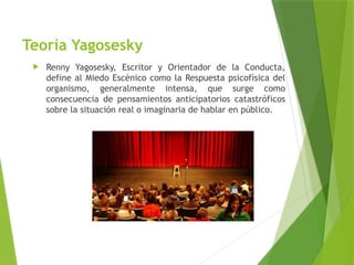 Teoría Yagosesky
 Renny Yagosesky, Escritor y Orientador de la Conducta,
define al Miedo Escénico como la Respuesta psicofísica del
organismo, generalmente intensa, que surge como
consecuencia de pensamientos anticipatorios catastróficos
sobre la situación real o imaginaria de hablar en público.
 