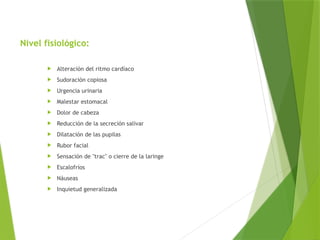 Nivel fisiológico:
 Alteración del ritmo cardíaco
 Sudoración copiosa
 Urgencia urinaria
 Malestar estomacal
 Dolor de cabeza
 Reducción de la secreción salivar
 Dilatación de las pupilas
 Rubor facial
 Sensación de "trac" o cierre de la laringe
 Escalofríos
 Náuseas
 Inquietud generalizada
 