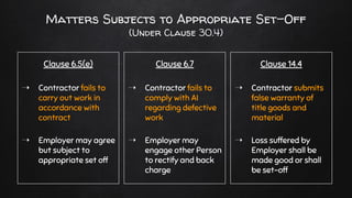 Clause 6.5(e)
➝ Contractor fails to
carry out work in
accordance with
contract
➝ Employer may agree
but subject to
appropriate set off
Clause 6.7
➝ Contractor fails to
comply with AI
regarding defective
work
➝ Employer may
engage other Person
to rectify and back
charge
Clause 14.4
➝ Contractor submits
false warranty of
title goods and
material
➝ Loss suffered by
Employer shall be
made good or shall
be set-off
Matters Subjects to Appropriate Set-Off
(Under Clause 30.4)
 