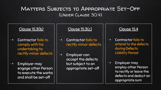 Clause 15.3(b)
➝ Contractor fails to
comply with his
undertaking to
rectify minor defects
➝ Employer may
engage other Person
to execute the works
and shall be set-off
Clause 15.3(c)
➝ Contractor fails to
rectify minor defects
➝ Employer can
accept the defects
but subject to an
appropriate set-off
Clause 15.4
➝ Contractor fails to
attend to the defects
during Defects
Liability Period
➝ Employer may
employ other Person
to rectify or leave the
defects and deduct an
appropriate sum
Matters Subjects to Appropriate Set-Off
(Under Clause 30.4)
 