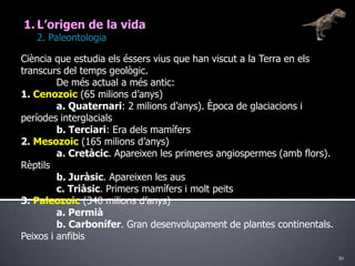 30L’origen de la vida	2. PaleontologiaCiència que estudia els éssers vius que han viscut a la Terra en els transcurs del temps geològic.	De més actual a més antic:1. Cenozoic (65 milions d’anys)a. Quaternari: 2 milions d’anys). Època de glaciacions i períodes interglacialsb. Terciari: Era dels mamífers2. Mesozoic (165 milions d’anys)a. Cretàcic. Apareixen les primeres angiospermes (amb flors). Rèptilsb. Juràsic. Apareixen les ausc. Triàsic. Primers mamífers i molt peits3. Paleozoic (340 milions d’anys)a. Permiàb. Carbonífer. Gran desenvolupament de plantes continentals. Peixos i anfibis
