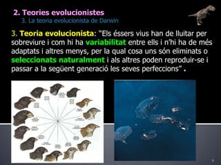 62. Teories evolucionistes	3. La teoria evolucionista de Darwin3. Teoria evolucionista: “Els éssers vius han de lluitar per sobreviure i com hi ha variabilitat entre ells i n’hi ha de més adaptats i altres menys, per la qual cosa uns són eliminats o seleccionats naturalment i als altres poden reproduir-se i passar a la següent generació les seves perfeccions” .