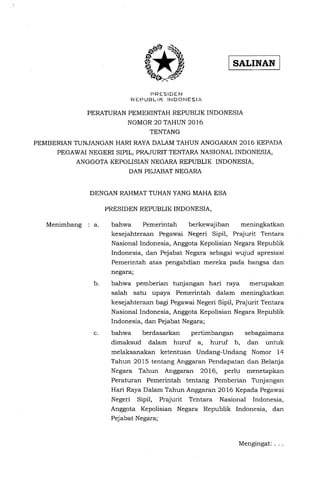 PP 20 tahun 2016  tentang  THR PNS, TNI, POLRI & Pejabat Negara