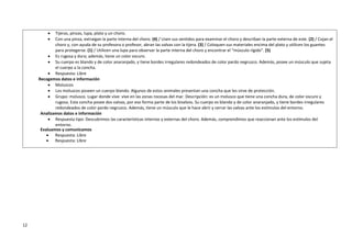 12
 Tijeras, pinzas, lupa, plato y un choro.
 Con una pinza, extraigan la parte interna del choro. (4) / Usen sus sentidos para examinar el choro y describan la parte externa de este. (2) / Cojan el
choro y, con ayuda de su profesora o profesor, abran las valvas con la tijera. (3) / Coloquen sus materiales encima del plato y utilicen los guantes
para protegerse. (1) / Utilicen una lupa para observar la parte interna del choro y encontrar el “músculo rígido”. (5)
 Es rugosa y dura; además, tiene un color oscuro.
 Su cuerpo es blando y de color anaranjado, y tiene bordes irregulares redondeados de color pardo negruzco. Además, posee un músculo que sujeta
el cuerpo a la concha.
 Respuesta: Libre
Recogemos datos e información
 Moluscos
 Los moluscos poseen un cuerpo blando. Algunos de estos animales presentan una concha que les sirve de protección.
 Grupo: molusco. Lugar donde vive: vive en las zonas rocosas del mar. Descripción: es un molusco que tiene una concha dura, de color oscuro y
rugosa. Esta concha posee dos valvas, por eso forma parte de los bivalvos. Su cuerpo es blando y de color anaranjado, y tiene bordes irregulares
redondeados de color pardo negruzco. Además, tiene un músculo que le hace abrir y cerrar las valvas ante los estímulos del entorno.
Analizamos datos e información
 Respuesta tipo: Descubrimos las características internas y externas del choro. Además, comprendimos que reaccionan ante los estímulos del
entorno.
Evaluamos y comunicamos
 Respuesta: Libre
 Respuesta: Libre
 