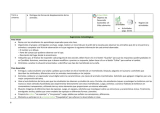 8
Tierra y
universo.
 Distingue las formas de desplazamiento de los
animales.
 Enlace Web:
Objetivo de
Desarrollo
Sostenible: 14
Vida submarina
 Actividades
(págs. 66-69)
 Registro de
actividades
Sugerencias metodológicas
Para iniciar
 Revise con los estudiantes los aprendizajes esperados para esta clase.
 Organícelos en grupos y entrégueles una lupa. Luego, realicen un recorrido por el jardín de la escuela para observar los animalitos que ahí se encuentran y
anímelos a completar una ficha de observación en la que registren la siguiente información de cada animal observado:
– El nombre y un dibujo.
– Parte del cuerpo que pudieron observar con la lupa.
– Descripción del lugar donde lo encontraron.
 Indíqueles que, al finalizar de responder cada pregunta de esta sección, deben hacer clic en el botón “Guardar” para que las respuestas queden grabadas en
su ClassWeb. Asimismo, mencione que si desean modificar o precisar su respuesta, deben hacer clic en el botón “Editar” para realizar el cambio.
 Oriéntelos a analizar la situación presentada y a identificar que tipo de invertebrado es la araña.
Para desarrollar
 Entregue a cada estudiante una tarjeta y pídales que escriban en ella el nombre de un invertebrado. Después, péguelas en la pizarra y solicíteles que
describan las similitudes y diferencias entre los animales mencionados en las tarjetas.
 Anímelos a elaborar un organizador visual digital sobre las características y las clases de animales invertebrados. Solicíteles que agreguen imágenes para una
mejor comprensión del tema.
 Lleve al aula lombrices de tierra para que los estudiantes las observen y estudien de cerca. Permita a los estudiantes toquen y sostengan las lombrices con las
manos (si están cómodos haciéndolo) para experimentar directamente con estos invertebrados. Luego, anímelos a construir hábitats de lombrices en
contenedores transparentes, utilizando tierra y otros elementos que proporcionen un entorno adecuado.
 Muestre imágenes de diferentes tipos de esponjas. Luego, en equipos, solicíteles que investiguen sobre sus estructuras y características únicas. Finalmente,
entrégueles arcilla y pídales que creen modelos de esponjas en diferentes formas y tamaños.
 Proyecte los videos "Las esponjas" y “Los gusanos” Luego, pídales que señalen sus semejanzas y diferencias.
 Motívelos a participar en la actividad lúdica "Pasapalabras" para afianzar lo desarrollado en clase.
 