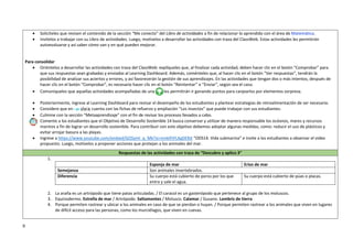 9
 Solicíteles que revisen el contenido de la sección “Me conecto” del Libro de actividades a fin de relacionar lo aprendido con el área de Matemática.
 Invítelos a trabajar con su Libro de actividades. Luego, motívelos a desarrollar las actividades con traza del ClassWeb. Estas actividades les permitirán
autoevaluarse y así saber cómo van y en qué pueden mejorar.
Para consolidar
 Oriéntelos a desarrollar las actividades con traza del ClassWeb: explíqueles que, al finalizar cada actividad, deben hacer clic en el botón “Comprobar” para
que sus respuestas sean grabadas y enviadas al Learning Dashboard. Además, coménteles que, al hacer clic en el botón “Ver respuestas”, tendrán la
posibilidad de analizar sus aciertos y errores, y así favorecerán la gestión de sus aprendizajes. En las actividades que tengan dos o más intentos, después de
hacer clic en el botón “Comprobar”, es necesario hacer clic en el botón “Reintentar” o “Enviar”, según sea el caso.
 Comuníqueles que aquellas actividades acompañadas de una les permitirán ir ganando puntos para canjearlos por elementos sorpresa.
 Posteriormente, ingrese al Learning Dashboard para revisar el desempeño de los estudiantes y plantear estrategias de retroalimentación de ser necesario.
 Considere que en cuenta con las fichas de refuerzo y ampliación “Los insectos” que puede trabajar con sus estudiantes.
 Culmine con la sección “Metaaprendizaje” con el fin de revisar los procesos llevados a cabo.
 Comente a los estudiantes que el Objetivo de Desarrollo Sostenible 14 busca conservar y utilizar de manera responsable los océanos, mares y recursos
marinos a fin de lograr un desarrollo sostenible. Para contribuir con este objetivo debemos adoptar algunas medidas, como: reducir el uso de plásticos y
evitar arrojar basura a las playas.
 Ingrese a https://www.youtube.com/embed/GOSyml_q_Mk?si=nmkIFtFLKgDERJI “ODS14. Vida submarina” e invite a los estudiantes a observar el video
propuesto. Luego, motívelos a proponer acciones que protejan a los animales del mar.
Respuestas de las actividades con traza de “Descubro y aplico 3”
1.
Esponja de mar Erizo de mar
Semejanza Son animales invertebrados.
Diferencia Su cuerpo está cubierto de poros por los que
entra y sale el agua.
Su cuerpo está cubierto de púas o placas.
2. La araña es un artrópodo que tiene patas articuladas. / El caracol es un gasterópodo que pertenece al grupo de los moluscos.
3. Equinodermo. Estrella de mar / Artrópodo. Saltamontes / Molusco. Calamar / Gusano. Lombriz de tierra
4. Porque permiten rastrear y ubicar a los animales en caso de que se pierdan o huyan. / Porque permiten rastrear a los animales que viven en lugares
de difícil acceso para las personas, como los murciélagos, que viven en cuevas.
 
