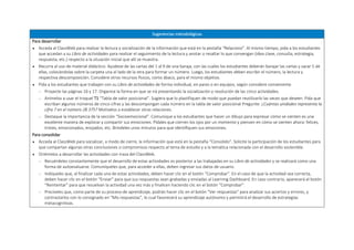 Sugerencias metodológicas
Para desarrollar
 Acceda al ClassWeb para realizar la lectura y socialización de la información que está en la pestaña “Relaciono”. Al mismo tiempo, pida a los estudiantes
que accedan a su Libro de actividades para realizar el seguimiento de la lectura y anotar o resaltar lo que convengan (idea clave, consulta, estrategia,
respuesta, etc.) respecto a la situación inicial que allí se muestra.
 Recurra al uso de material didáctico. Ayúdese de las cartas del 1 al 9 de una baraja, con las cuales los estudiantes deberán barajar las cartas y sacar 5 de
ellas, colocándolas sobre la carpeta una al lado de la otra para formar un número. Luego, los estudiantes deben escribir el número, la lectura y
respectiva descomposición. Considere otros recursos físicos, como ábaco, para el mismo objetivo.
 Pida a los estudiantes que trabajen con su Libro de actividades de forma individual, en pares o en equipos, según considere conveniente.
 Proyecte las páginas 16 y 17. Organice la forma en que se irá presentando la socialización y resolución de las cinco actividades.
 Anímelos a usar el troquel T1 “Tabla de valor posicional”. Sugiera que lo plastifiquen de modo que puedan reutilizarlo las veces que deseen. Pida que
escriban algunos números de cinco cifras y las descompongan cada número en la tabla de valor posicional Pregunte: ¿Cuántas unidades representa la
cifra 7 en el número 28 375? Motívelos a establecer otras relaciones.
 Destaque la importancia de la sección “Socioemocional”. Comunique a los estudiantes que hacer un dibujo para expresar cómo se sienten es una
excelente manera de explorar y compartir sus emociones. Pídales que cierren los ojos por un momento y piensen en cómo se sienten ahora: felices,
tristes, emocionados, enojados, etc. Bríndeles unos minutos para que identifiquen sus emociones.
Para consolidar
 Acceda al ClassWeb para socializar, a modo de cierre, la información que está en la pestaña “Consolido”. Solicite la participación de los estudiantes para
que compartan algunas otras conclusiones o compromisos respecto al tema de estudio y a la temática relacionada con el desarrollo sostenible.
 Oriéntelos a desarrollar las actividades con traza del ClassWeb.
 Recuérdeles constantemente que el desarrollo de estas actividades es posterior a las trabajadas en su Libro de actividades y se realizará como una
forma de autoevaluarse. Comuníqueles que, para acceder a ellas, deben ingresar sus datos de usuario.
 Indíqueles que, al finalizar cada una de estas actividades, deben hacer clic en el botón “Comprobar”. En el caso de que la actividad sea correcta,
deben hacer clic en el botón “Enviar” para que sus respuestas sean grabadas y enviadas al Learning Dashboard. En caso contrario, aparecerá el botón
“Reintentar” para que resuelvan la actividad una vez más y finalicen haciendo clic en el botón “Comprobar”.
 Precíseles que, como parte de su proceso de aprendizaje, podrán hacer clic en el botón “Ver respuestas” para analizar sus aciertos y errores, y
contrastarlos con lo consignado en “Mis respuestas”, lo cual favorecerá su aprendizaje autónomo y permitirá el desarrollo de estrategias
metacognitivas.
 