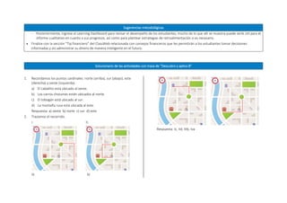 Sugerencias metodológicas
 Posteriormente, ingrese al Learning Dashboard para revisar el desempeño de los estudiantes; mucho de lo que allí se muestra puede serle útil para el
informe cualitativo en cuanto a sus progresos, así como para plantear estrategias de retroalimentación si es necesario.
 Finalice con la sección “Tip financiero” del ClassWeb relacionada con consejos financieros que les permitirán a los estudiantes tomar decisiones
informadas y así administrar su dinero de manera inteligente en el futuro.
Solucionario de las actividades con traza de “Descubro y aplico 8”
1. Recordamos los puntos cardinales: norte (arriba), sur (abajo), este
(derecha) y oeste (izquierda).
a) El caballito está ubicado al oeste.
b) Los carros chocones están ubicados al norte.
c) El tobogán está ubicado al sur.
d) La montaña rusa está ubicada al este.
Respuesta: a) oeste b) norte c) sur d) este
2. Trazamos el recorrido.
I. II.
III. IV.
Respuesta: Ic, IId, IIIb, Iva
 