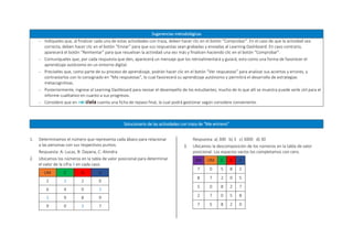 Sugerencias metodológicas
 Indíqueles que, al finalizar cada una de estas actividades con traza, deben hacer clic en el botón “Comprobar”. En el caso de que la actividad sea
correcta, deben hacer clic en el botón “Enviar” para que sus respuestas sean grabadas y enviadas al Learning Dashboard. En caso contrario,
aparecerá el botón “Reintentar” para que resuelvan la actividad una vez más y finalicen haciendo clic en el botón “Comprobar”.
 Comuníqueles que, por cada respuesta que den, aparecerá un mensaje que los retroalimentará y guiará; esto como una forma de favorecer el
aprendizaje autónomo en un entorno digital.
 Precíseles que, como parte de su proceso de aprendizaje, podrán hacer clic en el botón “Ver respuestas” para analizar sus aciertos y errores, y
contrastarlos con lo consignado en “Mis respuestas”, lo cual favorecerá su aprendizaje autónomo y permitirá el desarrollo de estrategias
metacognitivas.
 Posteriormente, ingrese al Learning Dashboard para revisar el desempeño de los estudiantes; mucho de lo que allí se muestra puede serle útil para el
informe cualitativo en cuanto a sus progresos.
 Considere que en cuenta una ficha de repaso final, la cual podrá gestionar según considere conveniente.
Solucionario de las actividades con traza de “Me entreno”
1. Determinamos el número que representa cada ábaco para relacionar
a las personas con sus respectivos puntos.
Respuesta: A: Lucas, B: Dayana, C: Alondra
2. Ubicamos los números en la tabla de valor posicional para determinar
el valor de la cifra 3 en cada caso.
UM C D U
2 3 2 0
6 4 0 3
3 9 8 9
9 0 3 7
Respuesta: a) 300 b) 3 c) 3000 d) 30
3. Ubicamos la descomposición de los números en la tabla de valor
posicional. Los espacios vacíos los completamos con cero.
DM UM C D U
7 0 5 8 2
8 7 2 0 5
5 0 8 2 7
2 7 0 5 8
7 5 8 2 0
 