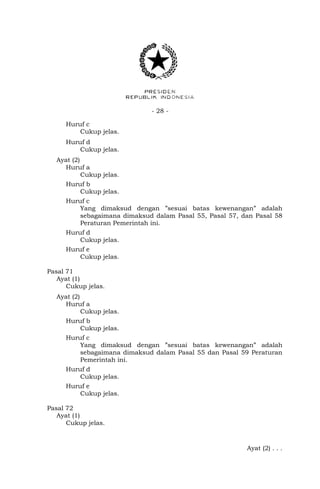 - 28 -
Huruf c
Cukup jelas.
Huruf d
Cukup jelas.
Ayat (2)
Huruf a
Cukup jelas.
Huruf b
Cukup jelas.
Huruf c
Yang dimaksud dengan ”sesuai batas kewenangan” adalah
sebagaimana dimaksud dalam Pasal 55, Pasal 57, dan Pasal 58
Peraturan Pemerintah ini.
Huruf d
Cukup jelas.
Huruf e
Cukup jelas.
Pasal 71
Ayat (1)
Cukup jelas.
Ayat (2)
Huruf a
Cukup jelas.
Huruf b
Cukup jelas.
Huruf c
Yang dimaksud dengan ”sesuai batas kewenangan” adalah
sebagaimana dimaksud dalam Pasal 55 dan Pasal 59 Peraturan
Pemerintah ini.
Huruf d
Cukup jelas.
Huruf e
Cukup jelas.
Pasal 72
Ayat (1)
Cukup jelas.
Ayat (2) . . .
 