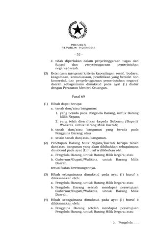 - 52 -
c. tidak diperlukan dalam penyelenggaraan tugas dan
fungsi dan penyelenggaraan pemerintahan
negara/daerah.
(3) Ketentuan mengenai kriteria kepentingan sosial, budaya,
keagamaan, kemanusiaan, pendidikan yang bersifat non
komersial, dan penyelenggaraan pemerintahan negara/
daerah sebagaimana dimaksud pada ayat (1) diatur
dengan Peraturan Menteri Keuangan.
Pasal 69
(1) Hibah dapat berupa:
a. tanah dan/atau bangunan:
1. yang berada pada Pengelola Barang, untuk Barang
Milik Negara;
2. yang telah diserahkan kepada Gubernur/Bupati/
Walikota, untuk Barang Milik Daerah;
b. tanah dan/atau bangunan yang berada pada
Pengguna Barang; atau
c. selain tanah dan/atau bangunan.
(2) Penetapan Barang Milik Negara/Daerah berupa tanah
dan/atau bangunan yang akan dihibahkan sebagaimana
dimaksud pada ayat (1) huruf a dilakukan oleh:
a. Pengelola Barang, untuk Barang Milik Negara; atau
b. Gubernur/Bupati/Walikota, untuk Barang Milik
Daerah,
sesuai batas kewenangannya.
(3) Hibah sebagaimana dimaksud pada ayat (1) huruf a
dilaksanakan oleh:
a. Pengelola Barang, untuk Barang Milik Negara; atau
b. Pengelola Barang setelah mendapat persetujuan
Gubernur/Bupati/Walikota, untuk Barang Milik
Daerah.
(4) Hibah sebagaimana dimaksud pada ayat (1) huruf b
dilaksanakan oleh:
a. Pengguna Barang setelah mendapat persetujuan
Pengelola Barang, untuk Barang Milik Negara; atau
b. Pengelola . . .
 