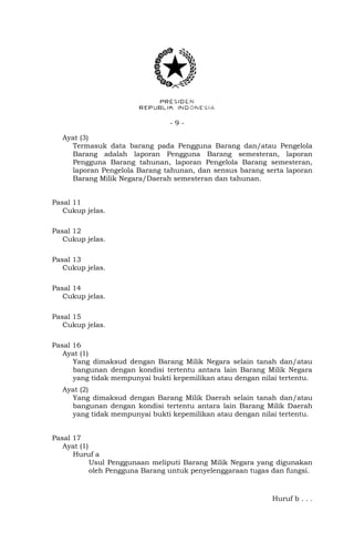- 9 -
Ayat (3)
Termasuk data barang pada Pengguna Barang dan/atau Pengelola
Barang adalah laporan Pengguna Barang semesteran, laporan
Pengguna Barang tahunan, laporan Pengelola Barang semesteran,
laporan Pengelola Barang tahunan, dan sensus barang serta laporan
Barang Milik Negara/Daerah semesteran dan tahunan.
Pasal 11
Cukup jelas.
Pasal 12
Cukup jelas.
Pasal 13
Cukup jelas.
Pasal 14
Cukup jelas.
Pasal 15
Cukup jelas.
Pasal 16
Ayat (1)
Yang dimaksud dengan Barang Milik Negara selain tanah dan/atau
bangunan dengan kondisi tertentu antara lain Barang Milik Negara
yang tidak mempunyai bukti kepemilikan atau dengan nilai tertentu.
Ayat (2)
Yang dimaksud dengan Barang Milik Daerah selain tanah dan/atau
bangunan dengan kondisi tertentu antara lain Barang Milik Daerah
yang tidak mempunyai bukti kepemilikan atau dengan nilai tertentu.
Pasal 17
Ayat (1)
Huruf a
Usul Penggunaan meliputi Barang Milik Negara yang digunakan
oleh Pengguna Barang untuk penyelenggaraan tugas dan fungsi.
Huruf b . . .
 
