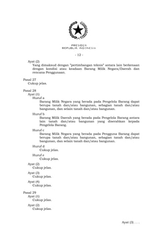- 12 -
Ayat (2)
Yang dimaksud dengan ”pertimbangan teknis” antara lain berkenaan
dengan kondisi atau keadaan Barang Milik Negara/Daerah dan
rencana Penggunaan.
Pasal 27
Cukup jelas.
Pasal 28
Ayat (1)
Huruf a
Barang Milik Negara yang berada pada Pengelola Barang dapat
berupa tanah dan/atau bangunan, sebagian tanah dan/atau
bangunan, dan selain tanah dan/atau bangunan.
Huruf b
Barang Milik Daerah yang berada pada Pengelola Barang antara
lain tanah dan/atau bangunan yang diserahkan kepada
Pengelola Barang.
Huruf c
Barang Milik Negara yang berada pada Pengguna Barang dapat
berupa tanah dan/atau bangunan, sebagian tanah dan/atau
bangunan, dan selain tanah dan/atau bangunan.
Huruf d
Cukup jelas.
Huruf e
Cukup jelas.
Ayat (2)
Cukup jelas.
Ayat (3)
Cukup jelas.
Ayat (4)
Cukup jelas.
Pasal 29
Ayat (1)
Cukup jelas.
Ayat (2)
Cukup jelas.
Ayat (3) . . .
 