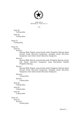 - 14 -
Ayat (2)
Cukup jelas.
Ayat (3)
Cukup jelas.
Pasal 31
Cukup jelas.
Pasal 32
Ayat (1)
Huruf a
Barang Milik Negara yang berada pada Pengelola Barang dapat
berupa tanah dan/atau bangunan, sebagian tanah dan/atau
bangunan, dan selain tanah dan/atau bangunan.
Huruf b
Barang Milik Daerah yang berada pada Pengelola Barang antara
lain tanah dan/atau bangunan yang diserahkan kepada
Pengelola Barang.
Huruf c
Barang Milik Negara yang berada pada Pengguna Barang dapat
berupa tanah dan/atau bangunan, sebagian tanah dan/atau
bangunan, dan selain tanah dan/atau bangunan.
Huruf d
Cukup jelas.
Huruf e
Cukup jelas.
Ayat (2)
Cukup jelas.
Ayat (3)
Cukup jelas.
Ayat (4)
Cukup jelas.
Pasal 33
Ayat (1)
Huruf a
Cukup jelas.
Huruf b . . .
 