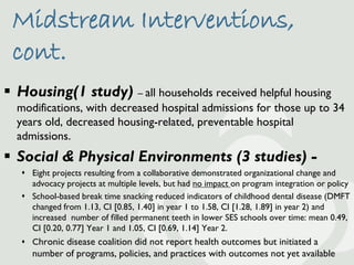 Midstream Interventions,
 cont.
 Housing(1 study) – all households received helpful housing
  modifications, with decreas...