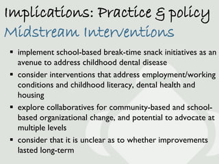 Implications: Practice & policy
Midstream Interventions
 implement school-based break-time snack initiatives as an
  aven...