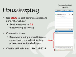 Participant Side Panel


Housekeeping
                                                       in WebEx




 Use Q&A to pos...