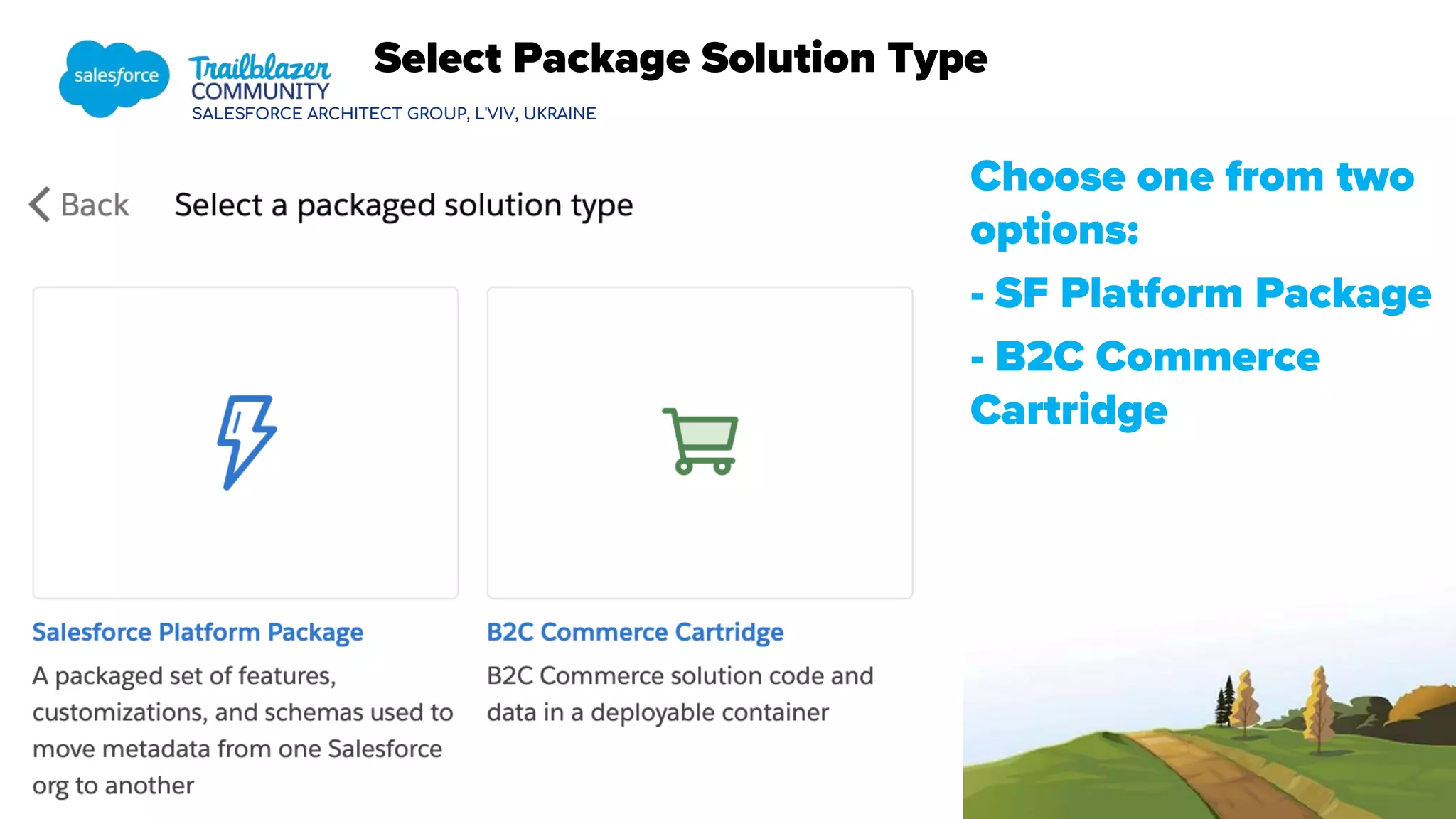 SALESFORCE ARCHITECT GROUP, L'VIV, UKRAINE
Select Package Solution Type
Choose one from two
options:
- SF Platform Package
- B2C Commerce
Cartridge
 
