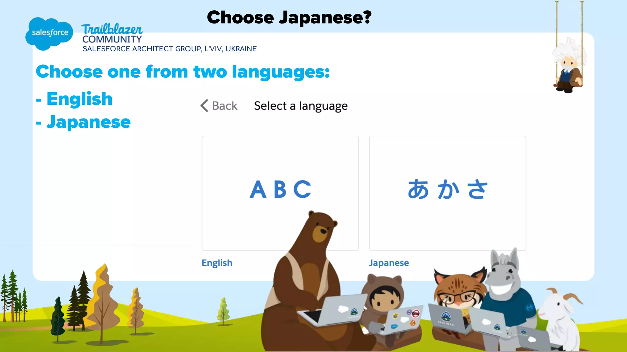 SALESFORCE ARCHITECT GROUP, L'VIV, UKRAINE
Choose one from two languages:
- English
- Japanese
Choose Japanese?
 