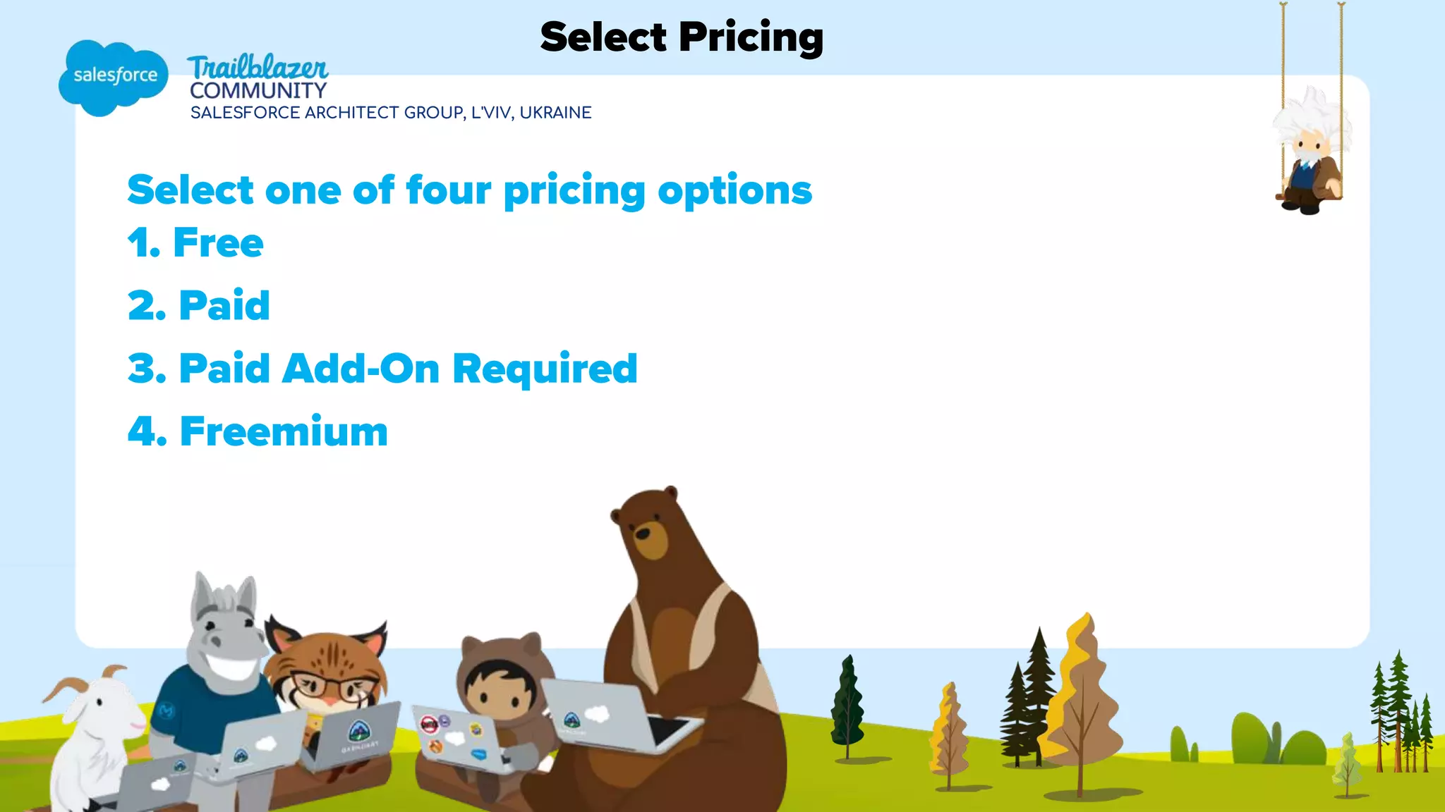 SALESFORCE ARCHITECT GROUP, L'VIV, UKRAINE
Select one of four pricing options
1. Free
2. Paid
3. Paid Add-On Required
4. Freemium
Select Pricing
 