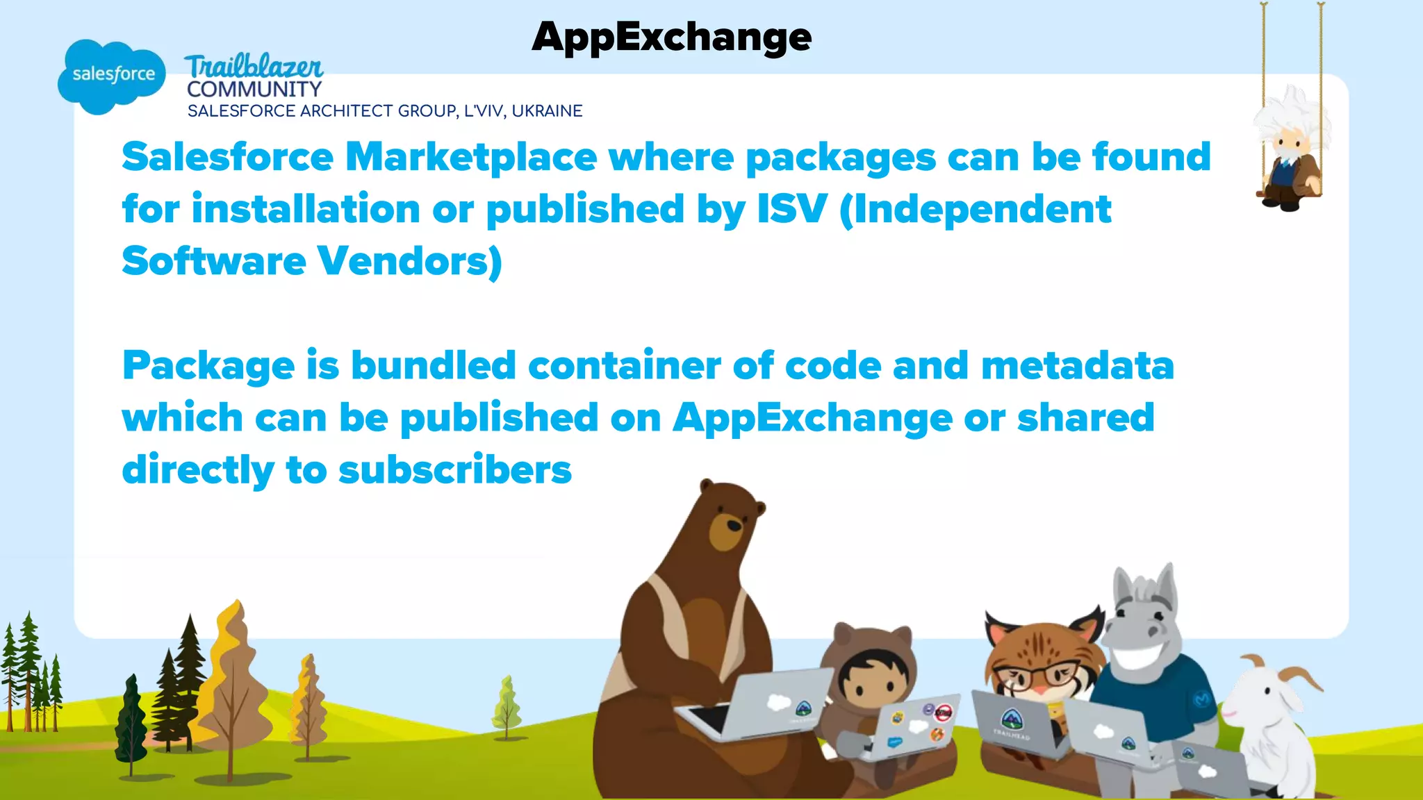 SALESFORCE ARCHITECT GROUP, L'VIV, UKRAINE
Salesforce Marketplace where packages can be found
for installation or published by ISV (Independent
Software Vendors)
Package is bundled container of code and metadata
which can be published on AppExchange or shared
directly to subscribers
AppExchange
 