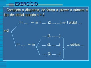 Completa o diagrama, de forma a prever o número e tipo de orbital quando n = 2.      l = …..     m  = …..  (2, …, ….)    1 orbital …. n=2   … .  (2, …, …)  l = …..     m  ….  (2, …, …)  ... orbitais ….   … .  (2, …, …) EXERCÍCIO 
