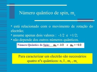 Número quântico de spin,  m s está relacionado com o movimento de rotação do electrão; assume apenas dois valores :  -1/2  e  +1/2; não depende dos outros números quânticos. Para caracterizar um electrão são necessários quatro nºs quânticos: n, l , m l  , m s 