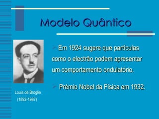 Modelo Quântico  E m 1924 sugere que partículas como o electrão podem apresentar um comportamento ondulatório. Prémio Nobel da Física em 1932. Louis de Broglie (1892-1987)   
