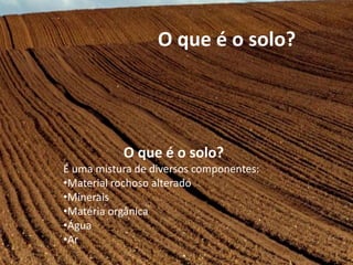 O que é o solo?
É uma mistura de diversos componentes:
•Material rochoso alterado
•Minerais
•Matéria orgânica
•Água
•Ar
O que é o solo?
 