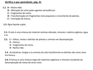 Verifica o que aprendeste, pág. 41
1.1. A – Rocha-mãe.
B – Alteração da rocha pelos agentes atmosféricos.
C – Fragmentos de rocha.
D – Transformação em fragmentos mais pequenos e crescimento de plantas.
E – Formação do húmus.
1.2. Água líquida e gelo.
2.1. O solo é uma mistura de material rochoso alterado, minerais, matéria orgânica, água
e ar.
2.2. 1 – Folhas, ramos e detritos de plantas e animais em decomposição.
2 – Húmus.
3 – Fragmentos de rocha.
4 – Rocha-mãe.
2.3. As bactérias, fungos e os animais do solo transformam os detritos dos seres vivos
em húmus.
2.4. O húmus é uma mistura negra de materiais orgânicos e minerais resultante da
decomposição de restos de seres vivos.
 