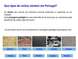 Que tipos de rochas existem em Portugal?
As rochas são massas de natureza mineral existentes à superfície ou no
subsolo.
Uma paisagem geológica é uma extensão de terreno que se caracteriza pela
existência de vários tipos de rocha.
As principais rochas que caracterizam a paisagem geológica portuguesa são:
Calcário GranitoXistoArdósia Basalto
GranitoBasaltoXistoCalcário Ardósia
 