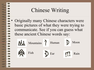 Chinese Writing
• Originally many Chinese characters were
basic pictures of what they were trying to
communicate. See if you can guess what
these ancient Chinese words say:
Mountains
Fish
Human
Ear
Moon
Rain
 
