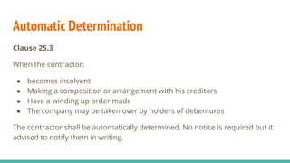 Automatic Determination
Clause 25.3
When the contractor:
● becomes insolvent
● Making a composition or arrangement with his creditors
● Have a winding up order made
● The company may be taken over by holders of debentures
The contractor shall be automatically determined. No notice is required but it
advised to notify them in writing.
 