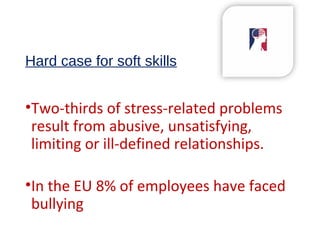 Hard case for soft skills
•Two-thirds of stress-related problems
result from abusive, unsatisfying,
limiting or ill-defined relationships.
•In the EU 8% of employees have faced
bullying
 