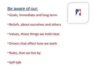 Be aware of our:
•Goals, immediate and long-term
•Beliefs, about ourselves and others
•Values, those things we hold clear
•Drivers that effect how we work
•Rules, that we live by
•Self-talk
 