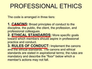 The code is arranged in three tiers: 1. CANONS:  Broad principles of conduct to the discipline, the public, the client, the profession, and professional colleagues. 2. ETHICAL STANDARDS:  More specific goals toward which members should aspire in professional practice and conduct. 3. RULES OF CONDUCT:  Implement the canons and the ethical standards. The canons and ethical standards are stated in aspirational terms; the rules are mandatory and describe the "floor" below which a member's actions may not fall. PROFESSIONAL ETHICS 