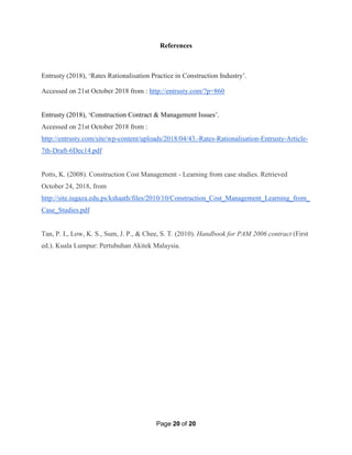 Page 20 of 20
References
Entrusty (2018), ‘Rates Rationalisation Practice in Construction Industry’.
Accessed on 21st October 2018 from : http://entrusty.com/?p=860
Entrusty (2018), ‘Construction Contract & Management Issues’.
Accessed on 21st October 2018 from :
http://entrusty.com/site/wp-content/uploads/2018/04/43.-Rates-Rationalisation-Entrusty-Article-
7th-Draft-6Dec14.pdf
Potts, K. (2008). Construction Cost Management - Learning from case studies. Retrieved
October 24, 2018, from
http://site.iugaza.edu.ps/kshaath/files/2010/10/Construction_Cost_Management_Learning_from_
Case_Studies.pdf
Tan, P. I., Low, K. S., Sum, J. P., & Chee, S. T. (2010). Handbook for PAM 2006 contract (First
ed.). Kuala Lumpur: Pertubuhan Akitek Malaysia.
 