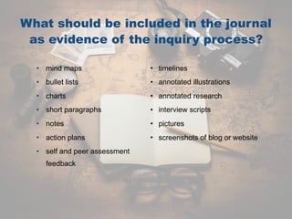 What should be included in the journal
as evidence of the inquiry process?
• mind maps
• bullet lists
• charts
• short paragraphs
• notes
• action plans
• self and peer assessment
feedback
• timelines
• annotated illustrations
• annotated research
• interview scripts
• pictures
• screenshots of blog or website
 